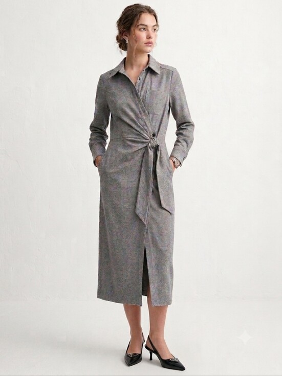 Zara Dresses & Skirts - ZARA Wool Blend Heathered Grey Midi Wrap Shirt Dress M Dark Academia Office